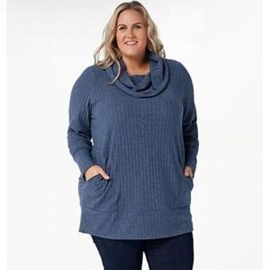 AnyBody Deep Navy Plush Wide Rib Cowl Neck Sweater Tunic Size Large